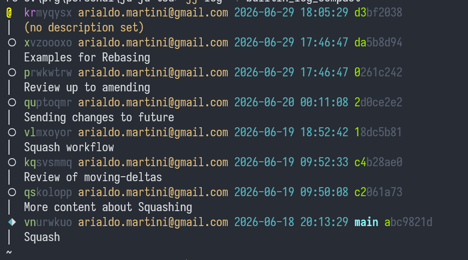 output of jj log
where change ids and Change IDs have most of their last chars grayed
out