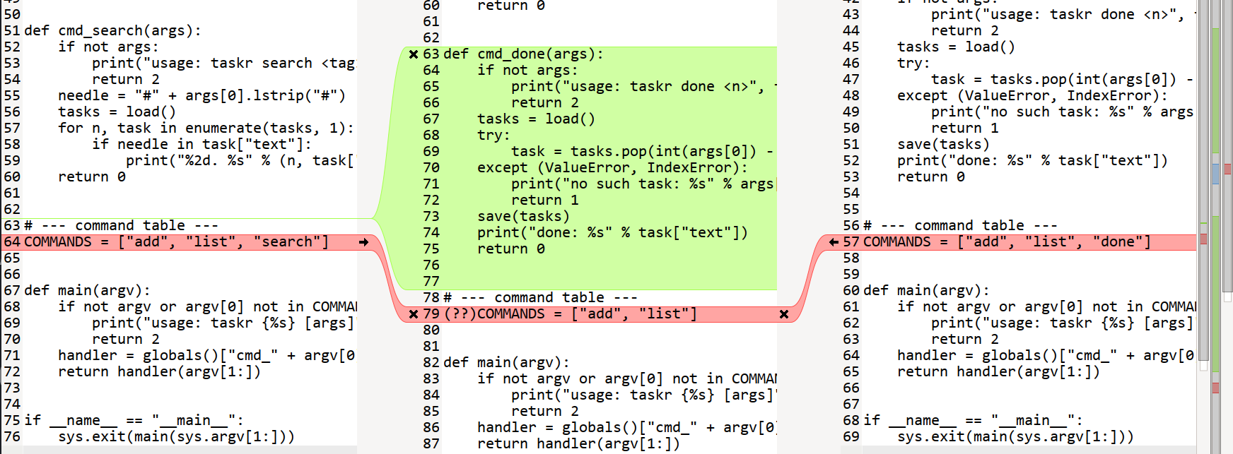 A conflict on 1
line of Python code displayed in meld, as a 3-way merge